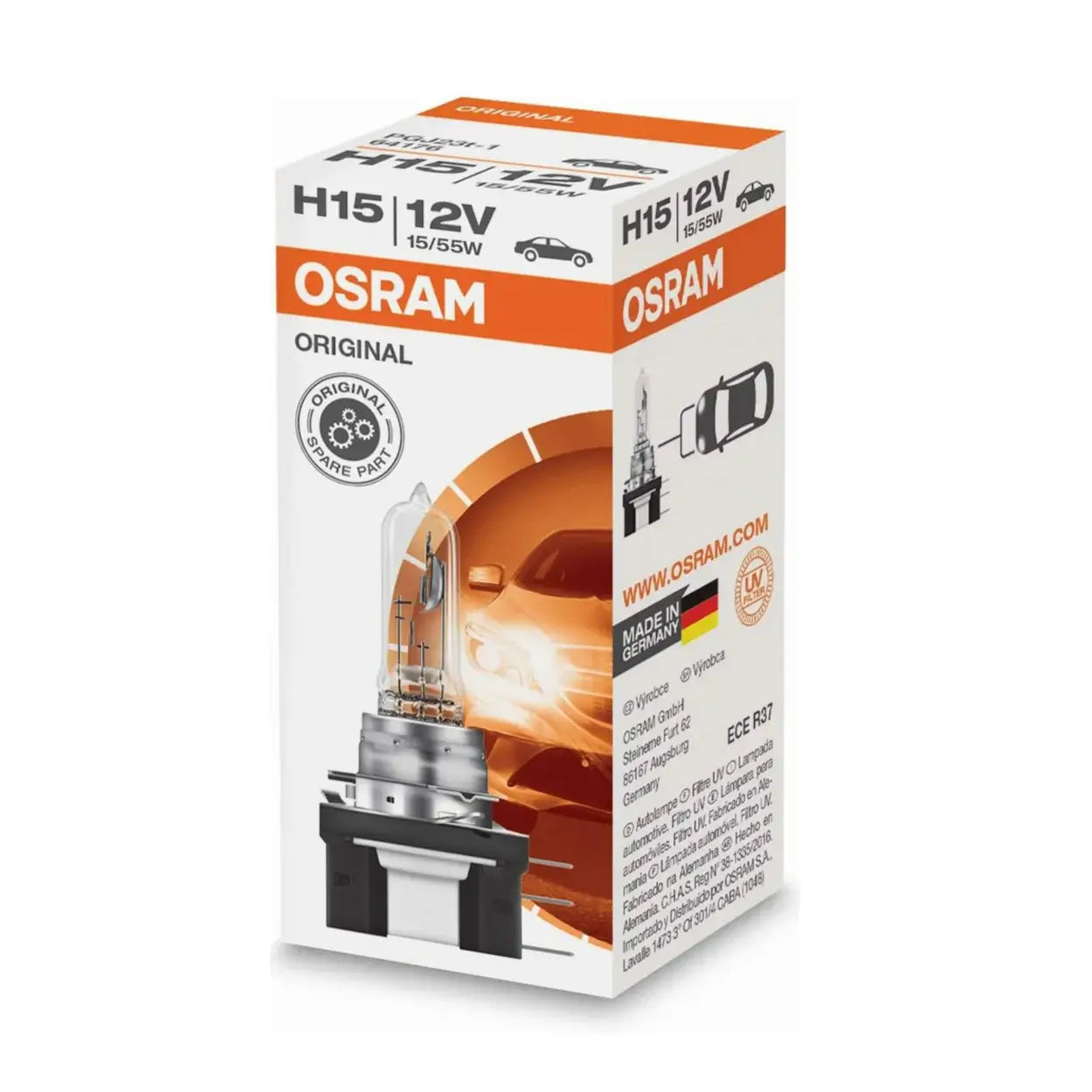 Osram Original H15 halogen bulb 12V 15/55W OEM quality packaging with product image and specifications