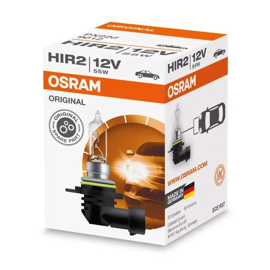 Osram Original HIR2 9012 OEM quality halogen infrared bulb packaging showing product features and car compatibility